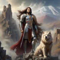 Mythlok - Ara an image of Ara the Handsome, legendary Armenian king, standing in regal armor with flowing hair and radiant features.