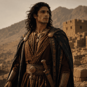 an image of Ara the Handsome, legendary Armenian king, standing in regal armor with flowing hair and radiant features.