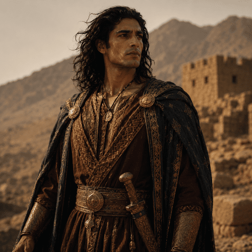 an image of Ara the Handsome, legendary Armenian king, standing in regal armor with flowing hair and radiant features.