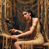 Mythlok - Arachne Arachne, a young Lydian woman with dark braided hair seated at a golden loom