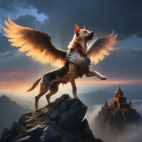 Mythlok - Aralez an image of Aralez, A winged, ethereal dog-like creature descending from a misty mountain peak,