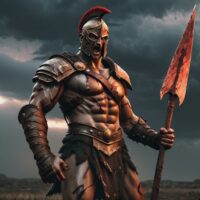 Mythlok - Ares Ares, Greek god of war, standing in a battlefield at dusk