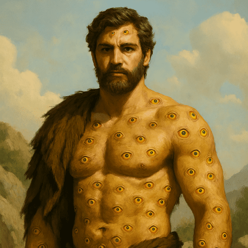an image of Argus Panoptes from Greek mythology — a towering humanoid figure with one hundred eyes scattered across his muscular body.
