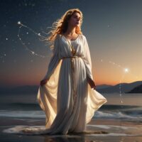 Mythlok - Ariadne an image of Ariadne from Greek mythology. She stands on the shore of Naxos at dawn, wearing a flowing white robe