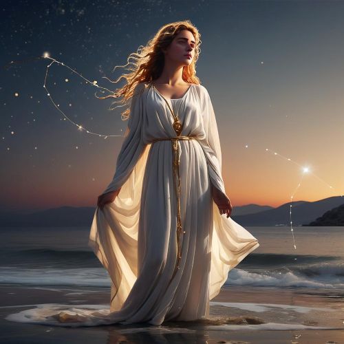 an image of Ariadne from Greek mythology. She stands on the shore of Naxos at dawn, wearing a flowing white robe