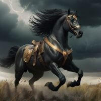 Mythlok - Arion Arion, A divine black-maned stallion with glowing eyes, galloping across a battlefield under stormy skies