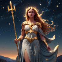 Mythlok - Astraea An image of Astraea, the Greek goddess of justice, standing beneath a starry sky.