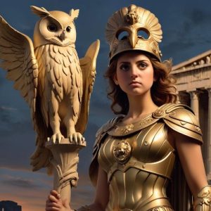 an image of Athena from Greek mythology. She stands tall in golden armor
