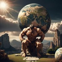 Mythlok - Atlas Atlas, A towering Titan with muscular build, kneeling under the weight of carrying the sky