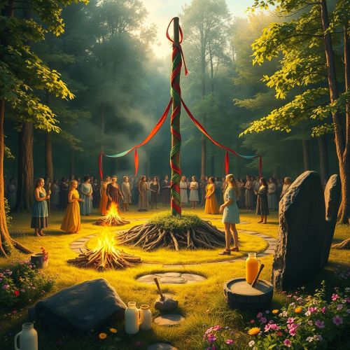 Beltane : Festival of Renewal A vivid Beltane festival scene set in a lush Celtic forest clearing at sunrise. Twin bonfires blaze at the center, casting golden light across a circle of dancers weaving around a tall Maypole wrapped in red, green, blue, and yellow ribbons.