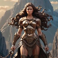 Mythlok - Bia Bia, Greek goddess of force, standing in full bronze armor with a stern expression