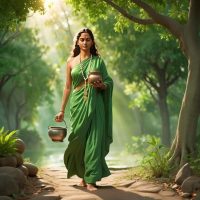 Mythlok - Brahmacharini Goddess Brahmacharini walking barefoot, holding a rosary and water pot, dressed in green robes