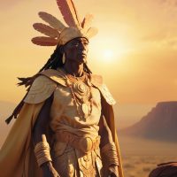 Mythlok - Caddi Ayo Caddi Ayo, the Sky Chief of Caddo mythology, standing against a backdrop of a golden sunrise over a vast plain, cloaked in shimmering light