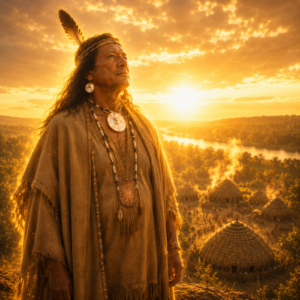Caddi Ayo, the Sky Chief of Caddo tradition, stands above a historic Caddo village at sunrise