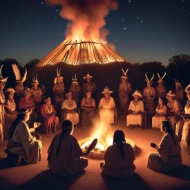 Mythlok - Caddo_ Caddo mythology represented through cultural storytelling and tradition: elders sharing creation stories around a fire