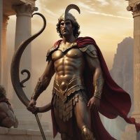 Mythlok - Cadmus Cadmus, the Phoenician prince and founder of Thebes, depicted in classical Greek style, standing alone in a dramatic pose after slaying a giant serpent.