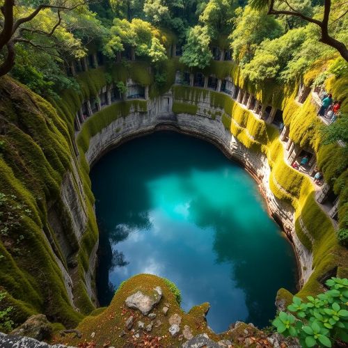 Cenote Sagrado at Chichén Itzá, viewed from above. The deep turquoise water is encircled by steep limestone cliffs covered in moss and vegetation.
