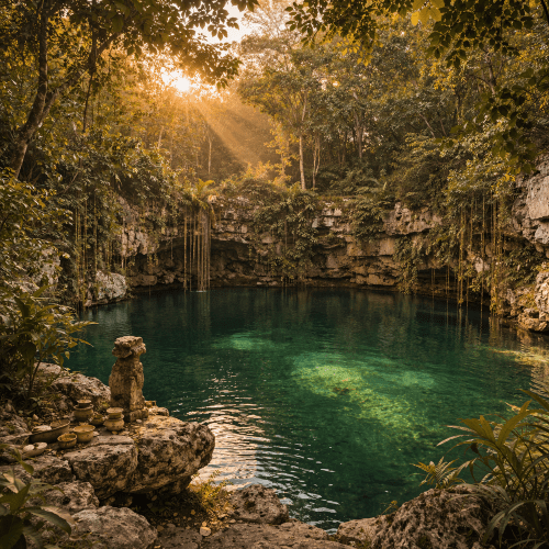 Cenote Sagrado at Chich&eacute;n Itz&aacute;, encircled by steep limestone cliffs covered in moss and vegetation.