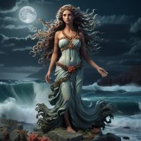 Ceto, the Greek sea goddess. She stands regal and serene on a stormy shoreline, her flowing hair adorned with coral and seaweed.