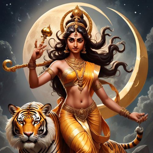 an image of Chandraghanta, the warrior goddess from Indian mythology
