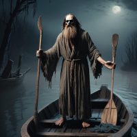 Mythlok - Charon Charon from Greek mythology: a grim, bearded ferryman in tattered robes, standing in a dark wooden boat on the River Styx