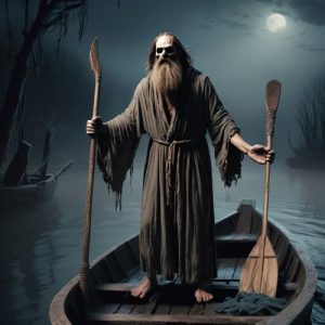 Charon from Greek mythology: a grim, bearded ferryman in tattered robes, standing in a dark wooden boat on the River Styx