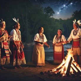 Mythlok - Chickasaw_ Chickasaw mythology represented through cultural storytelling and community life: elders sharing migration stories around a fire, families gathered in traditional clothing,