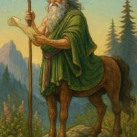 Mythlok - Chiron Chiron, A wise centaur, standing on Mount Pelion under a twilight sky, holding a scroll and staff