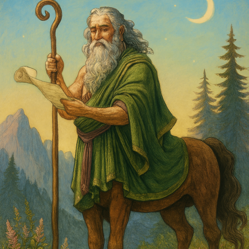 Chiron, A wise centaur, standing on Mount Pelion under a twilight sky, holding a scroll and staff