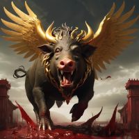 Mythlok - Chrysaor Chrysaor, A winged boar with golden tusks and radiant wings, emerging from Medusa’s blood.