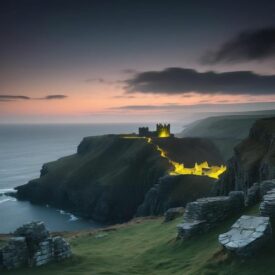 Mythlok - Cornish_ A mystical Cornish landscape at twilight featuring Tintagel Castle perched dramatically on a cliff overlooking the sea inspired by Cornish Mythology