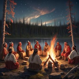 Mythlok - Cree_ Cree mythology represented through cultural life and nature: elders sharing stories beside a fire in a forest clearing, families in traditional clothing gathered near a river