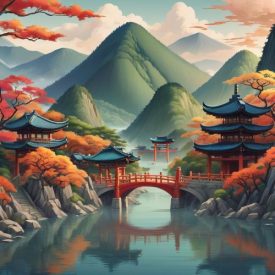 Mythlok - East Asian_ Image inspired by East Asian mythology, showing a panoramic landscape that blends Japanese, Korean, Chinese, and Ainu traditions.