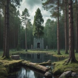 Mythlok - Estonian_ An Estonian forest landscape inspired by mythology, showing a sacred grove (hiis) with tall pine trees and a stone altar in the clearing.