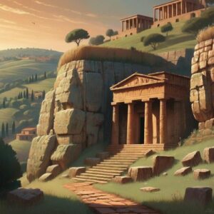 Mythlok - Etruscan_ An image inspired by Etruscan mythology, set against the rolling hills of ancient Italy with stone temples and tombs carved into cliffs