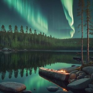 Mythlok - Finnish_ A serene Finnish landscape inspired by Finnish mythology, showing dense pine forests, a calm lake reflecting the northern lights