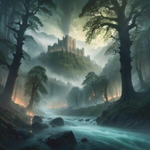 Mythlok - Germanic_ Image inspired by Germanic mythology, set in a dense, misty forest with towering oak trees and a roaring river.