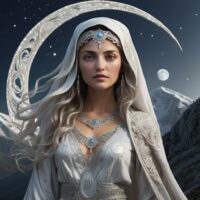 Mythlok - Hana Hana, the Albanian Moon goddess. She appears as a radiant woman cloaked in silver light, standing beneath a crescent moon.