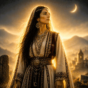 Hana, the Albanian Moon goddess. She appears as a radiant woman cloaked in silver light, standing beneath a crescent moon.