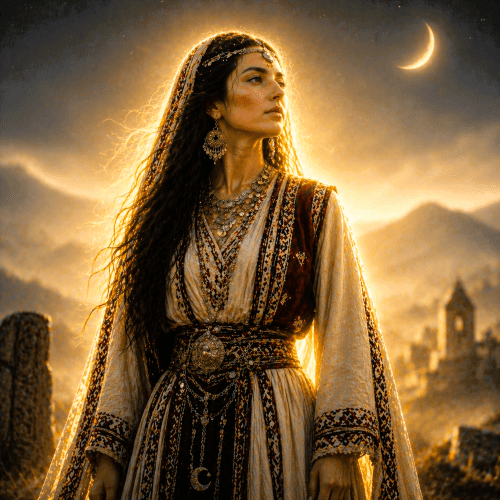 Hana, the Albanian Moon goddess. She appears as a radiant woman cloaked in silver light, standing beneath a crescent moon.