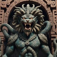 Mythlok - Huari A image of Huari, the Chavín deity, depicted as a hybrid figure with jaguar fangs, serpent hair, and bird talons