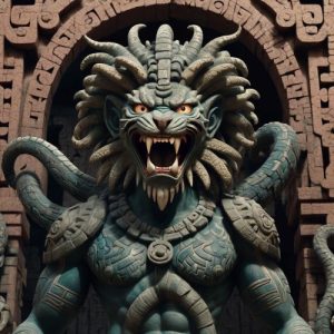 A image of Huari, the Chavín deity, depicted as a hybrid figure with jaguar fangs, serpent hair, and bird talons