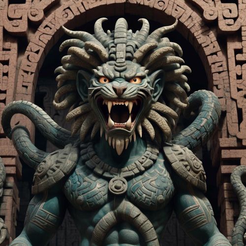 A image of Huari, the Chavín deity, depicted as a hybrid figure with jaguar fangs, serpent hair, and bird talons