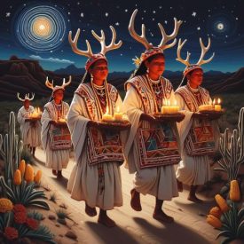 Mythlok - Huichol_ A cultural scene inspired by Huichol mythology: Wixárika pilgrims in traditional embroidered clothing carrying offerings