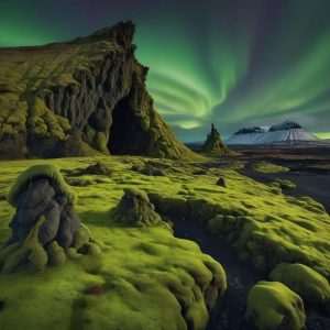 Mythlok - Icelandic_ A dramatic landscape inspired by Icelandic mythology, showing volcanic cliffs, lava fields, and a solitary rock formation said to resemble a troll.