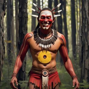 an image of Iktomi from Lakota mythology with a large round body and human face, slender limbs, wearing buckskin