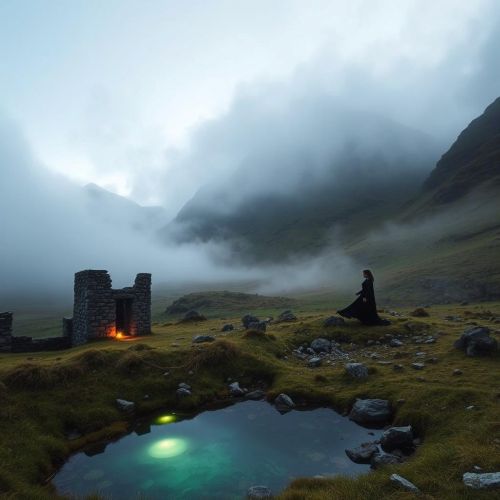 A mist-covered valley on the Isle of Skye at twilight, with ancient stone ruins, glowing fairy lights near a crystal-clear pool