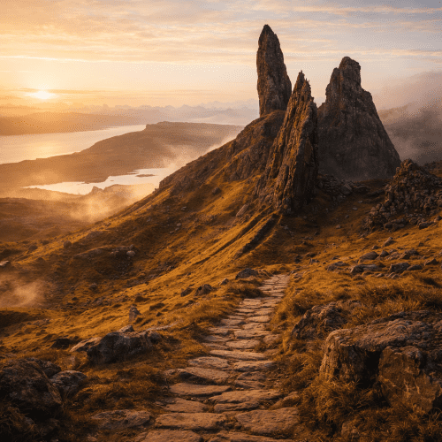 A mist-covered valley on the Isle of Skye at twilight, with ancient stone ruins, glowing fairy lights near a crystal-clear pool