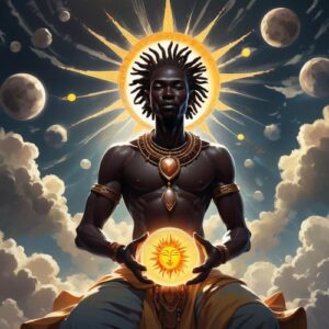 Kabezya-Mpungu, the invisible creator deity from Luba mythology, as a radiant cosmic force withdrawing into the heavens.