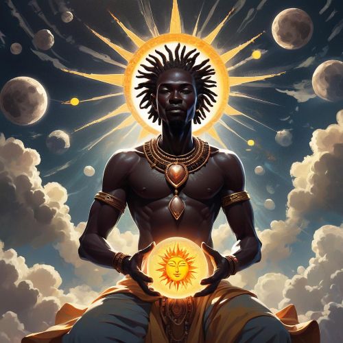 Kabezya-Mpungu, the invisible creator deity from Luba mythology, as a radiant cosmic force withdrawing into the heavens.